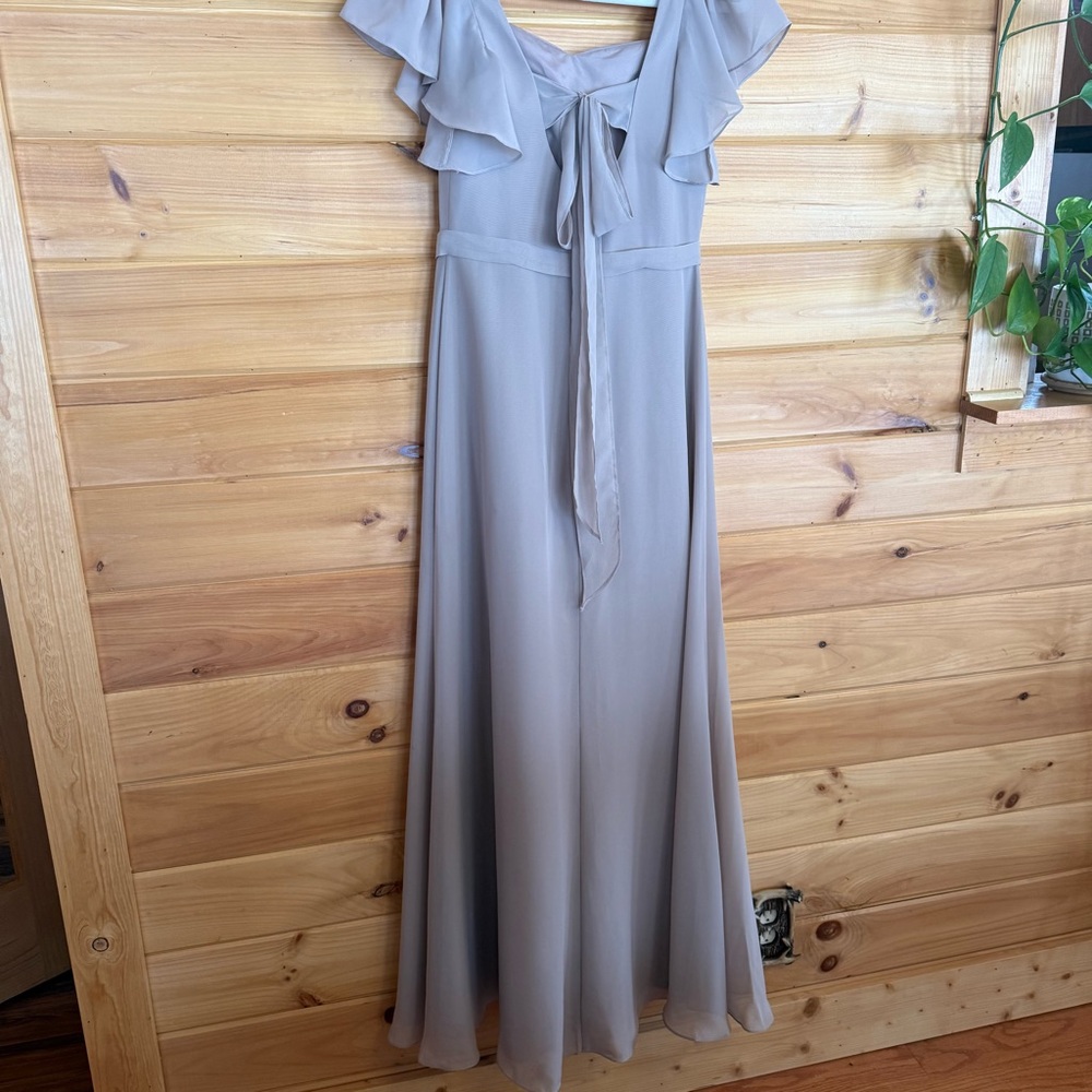 JJs House Ondina A-Line V-Neck Floor Length Ruffle Chiffon Dress Taupe Size 6 - Picture 8 of 14